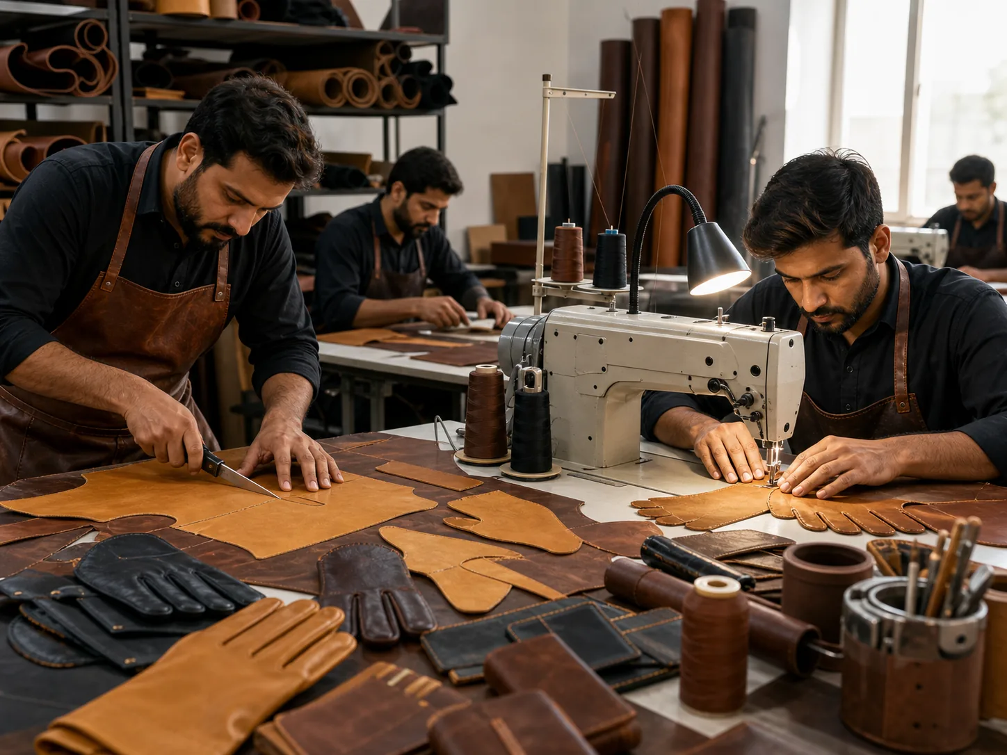 Cutting and stitching leather products in production